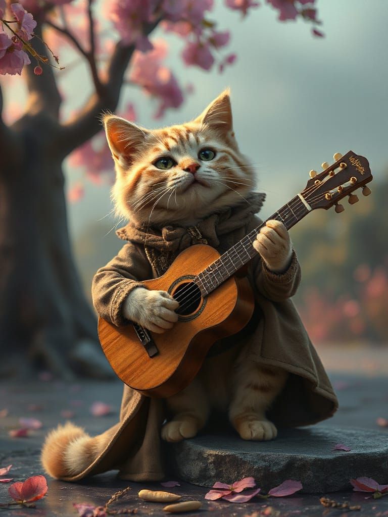 Elegant Cat Plays Guitar in Dreamlike Fantasy Art
