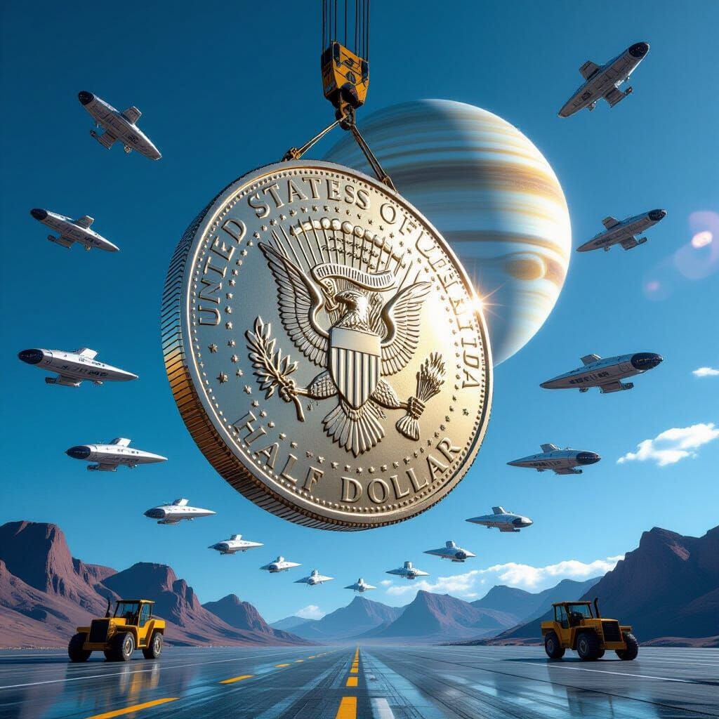 Giant Half Dollar Coin Lifted by Crane Near Saturn