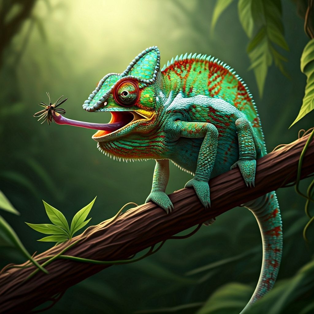 Chameleon Captures Bug: Digital Art Style