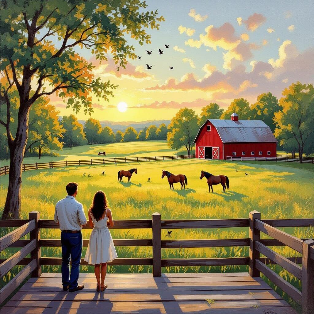 Couple Watches Horses Play at Dusk in Impressionistic Oil Pa...