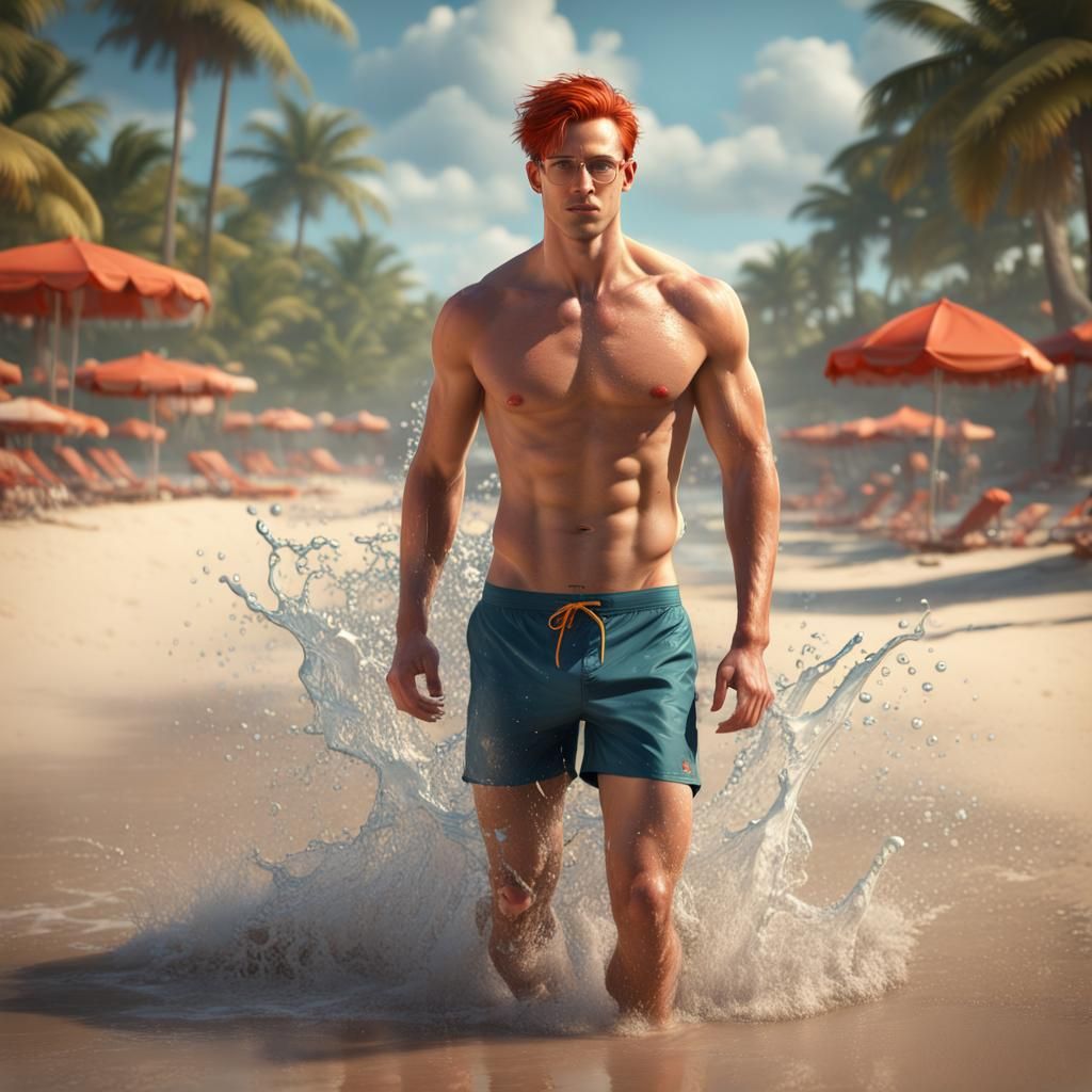 Redhead Lifeguard Running on Beach in Detailed Digital Paint...