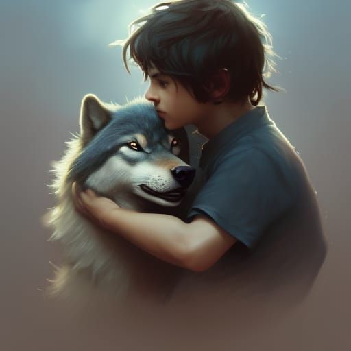 Boy hugging wolf