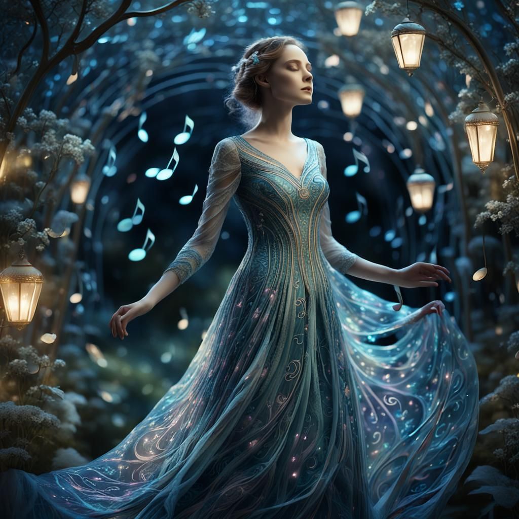 Musical Note Dress in Moonlit Garden: Matte Painting