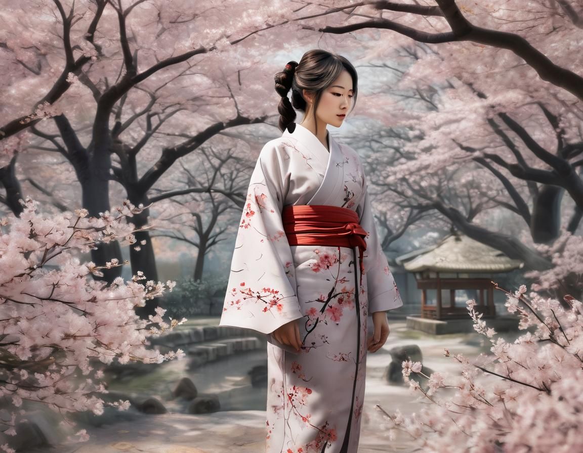 Cherry Blossom Garden with Kimono Silhouette Overlay