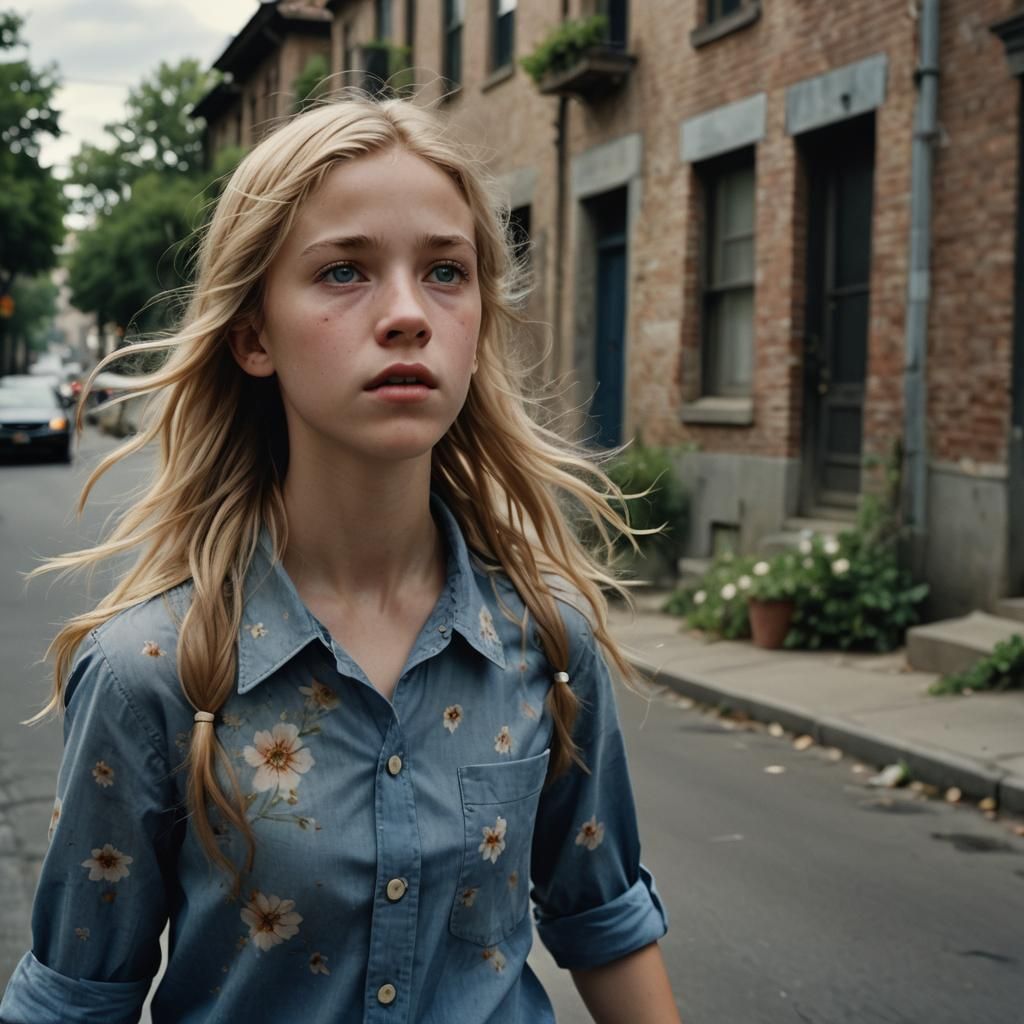 Intense Portrait of Girl Running on Dark Street