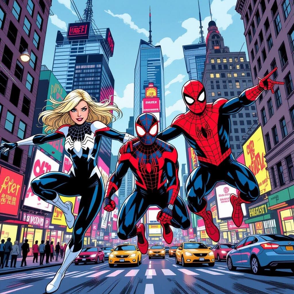 Superhero Trio Swings Through City in Comic Book Style