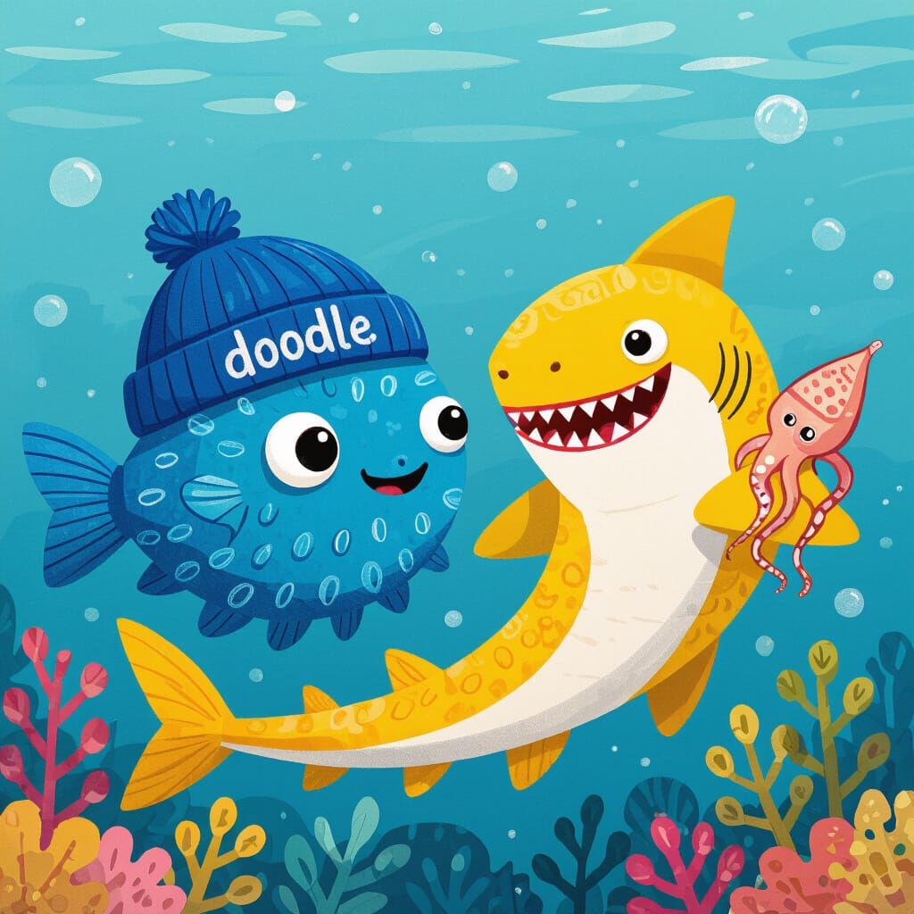 Blue Puffer Fish and Yellow Shark in Whimsical Style
