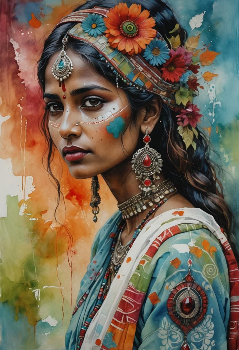 Abstract Surrealist Portrait of Indian Woman in Watercolor