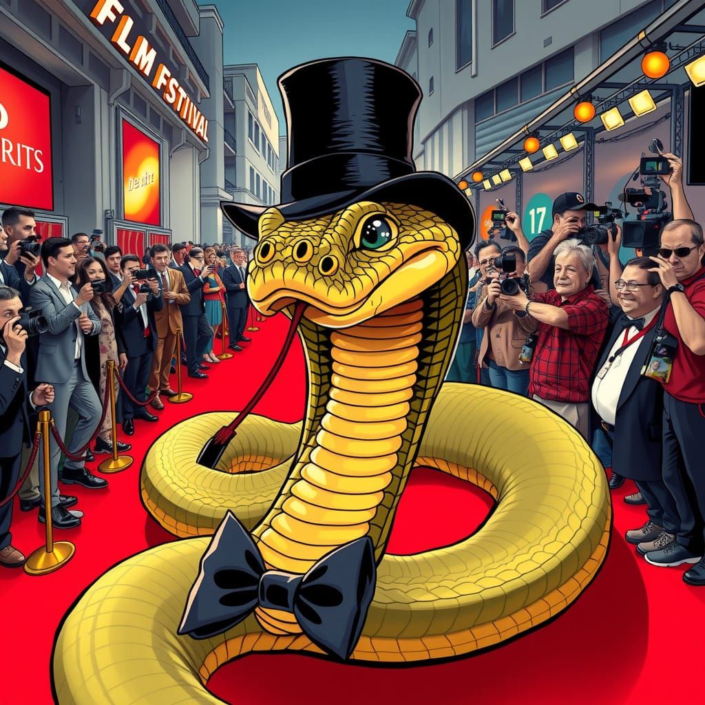 Surreal Cobra Struts Red Carpet in Comic Book Art Style