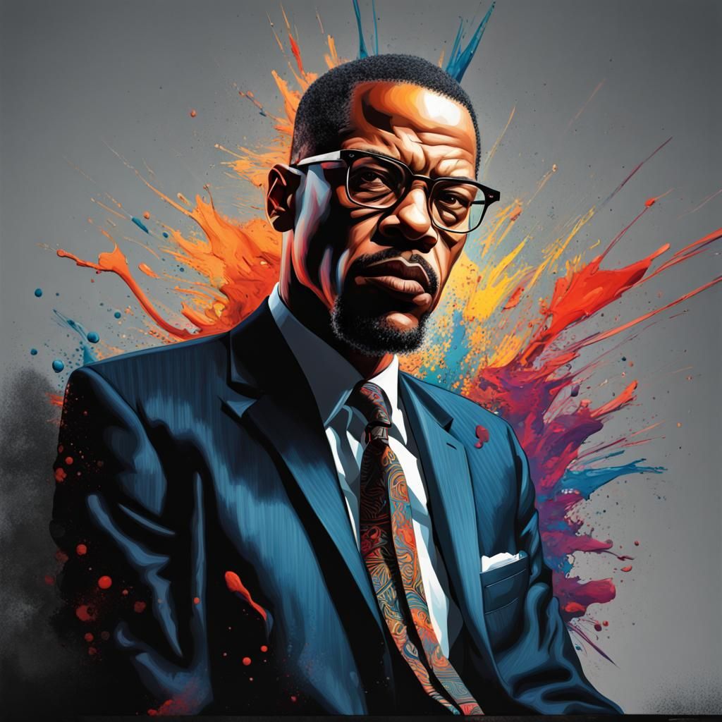 Hyperrealistic Portrait of Malcom X in Splash Art Style