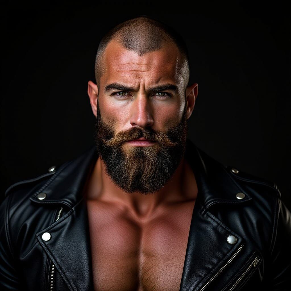 Intense Man in Leather Jacket with Dramatic Lighting