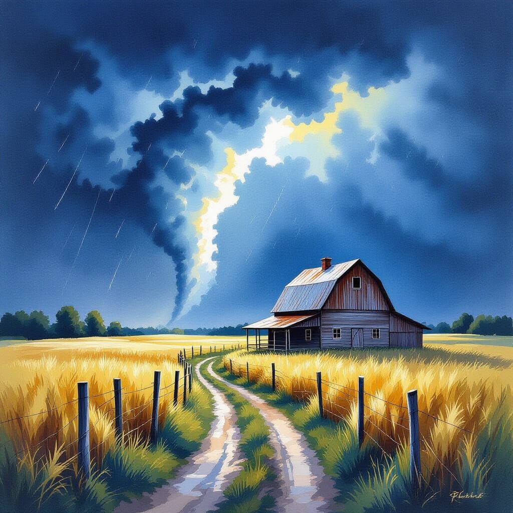 Isolated Farm at Night as Watercolor Painting