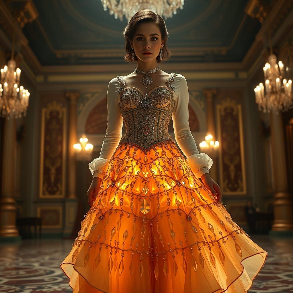 Woman in Ballroom with Crystal Corset, Hyperrealistic Image