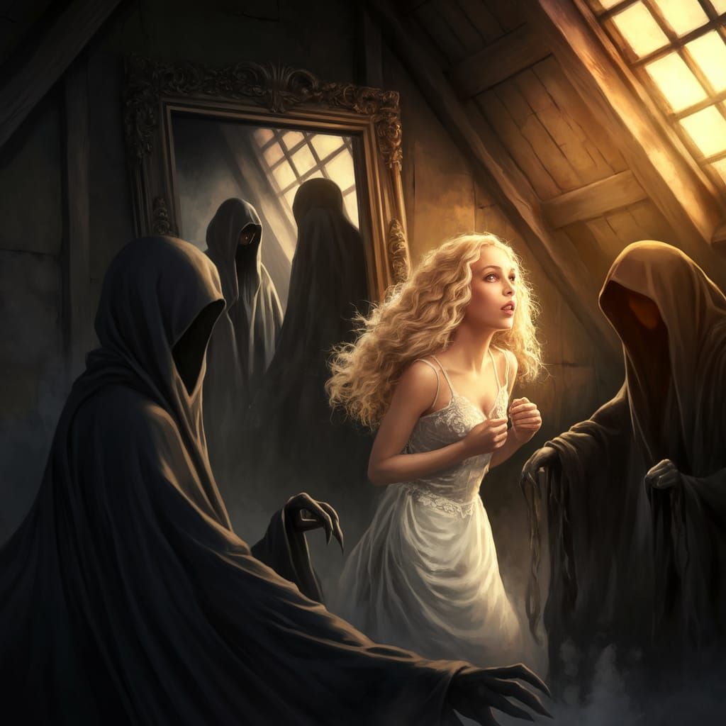 Spectral Figures in Dark Cloaks Surround a Frightened Blonde...