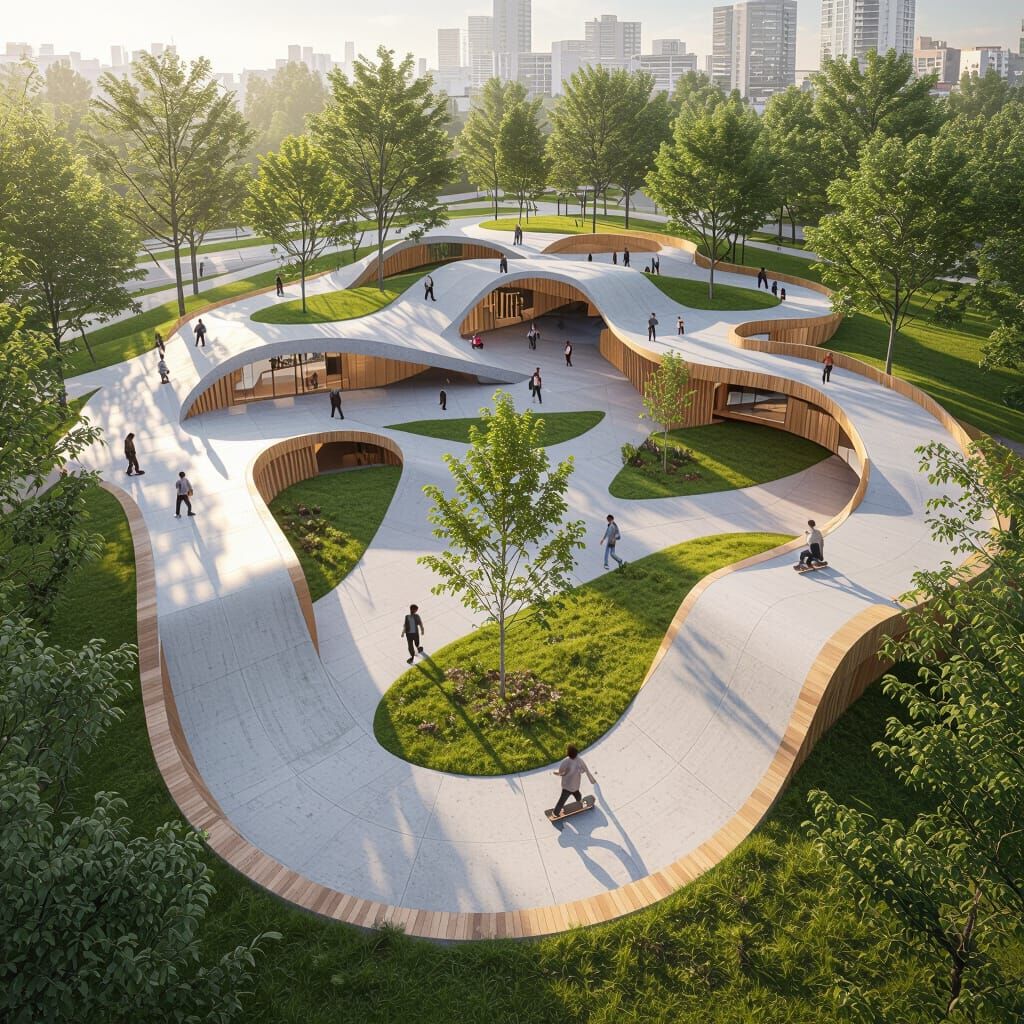 Futuristic Urban Park with Elevated Skate Track