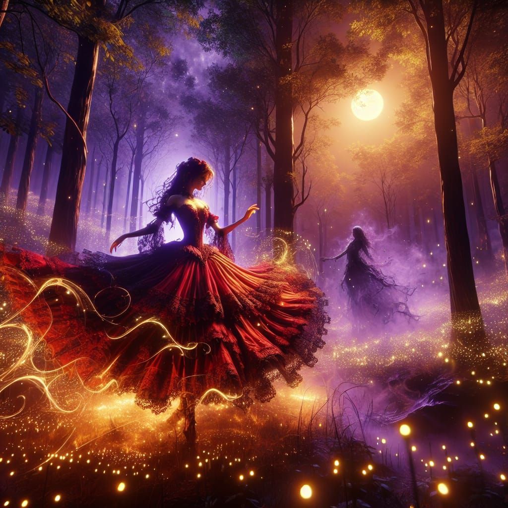 Gothic Lady Dancing in Firefly Forest at Midnight