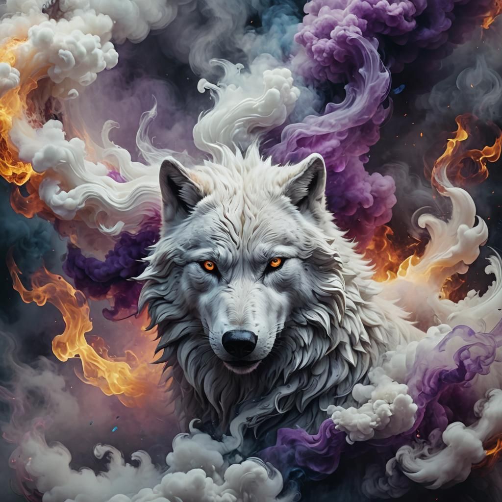 Ethereal White Wolf Made of Smoke: Digital Matte Painting