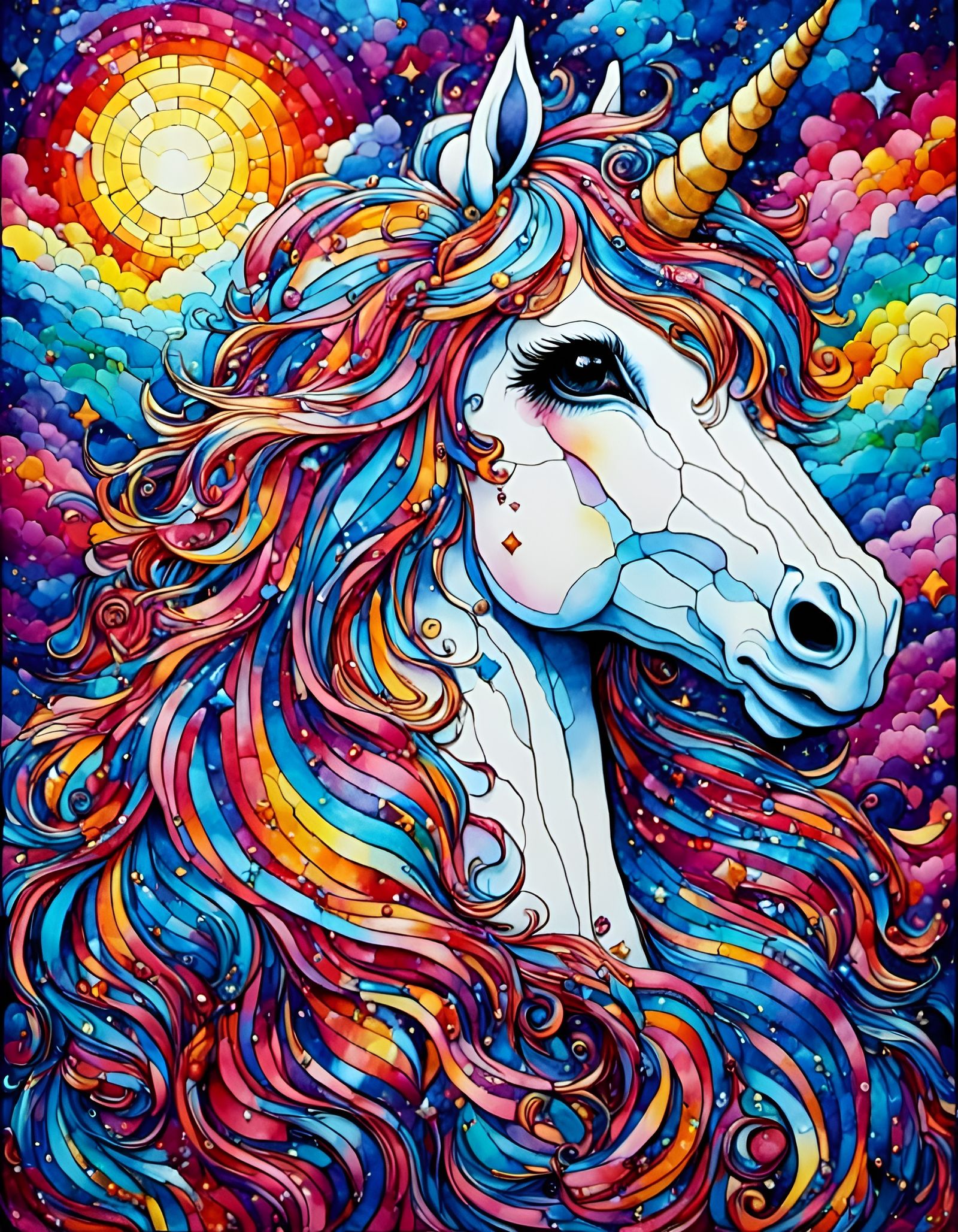 Lisa Frank Unicorn in Neon Stained Glass Style