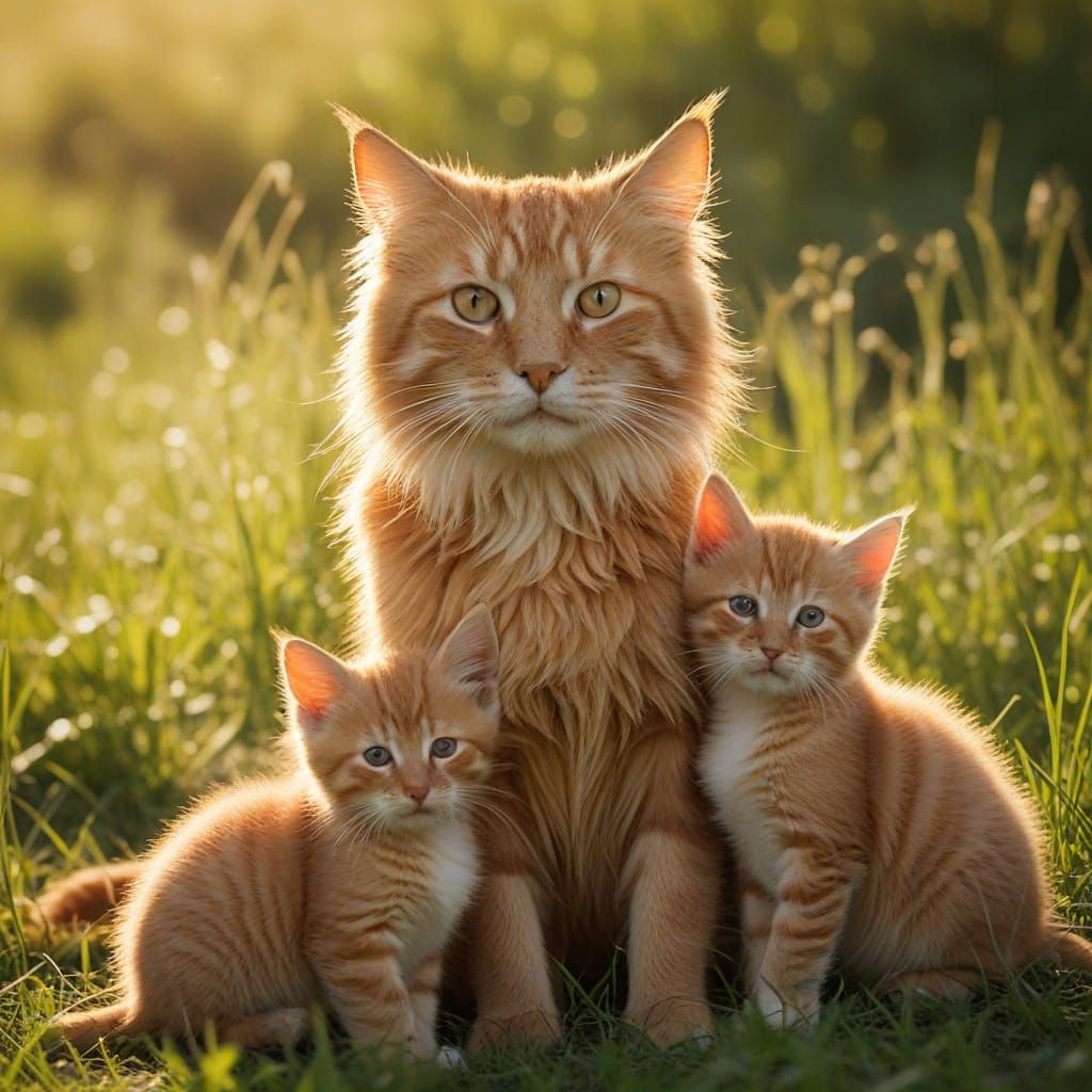 Majestic Red Mother Cat and Puppies in Sunlit Meadow