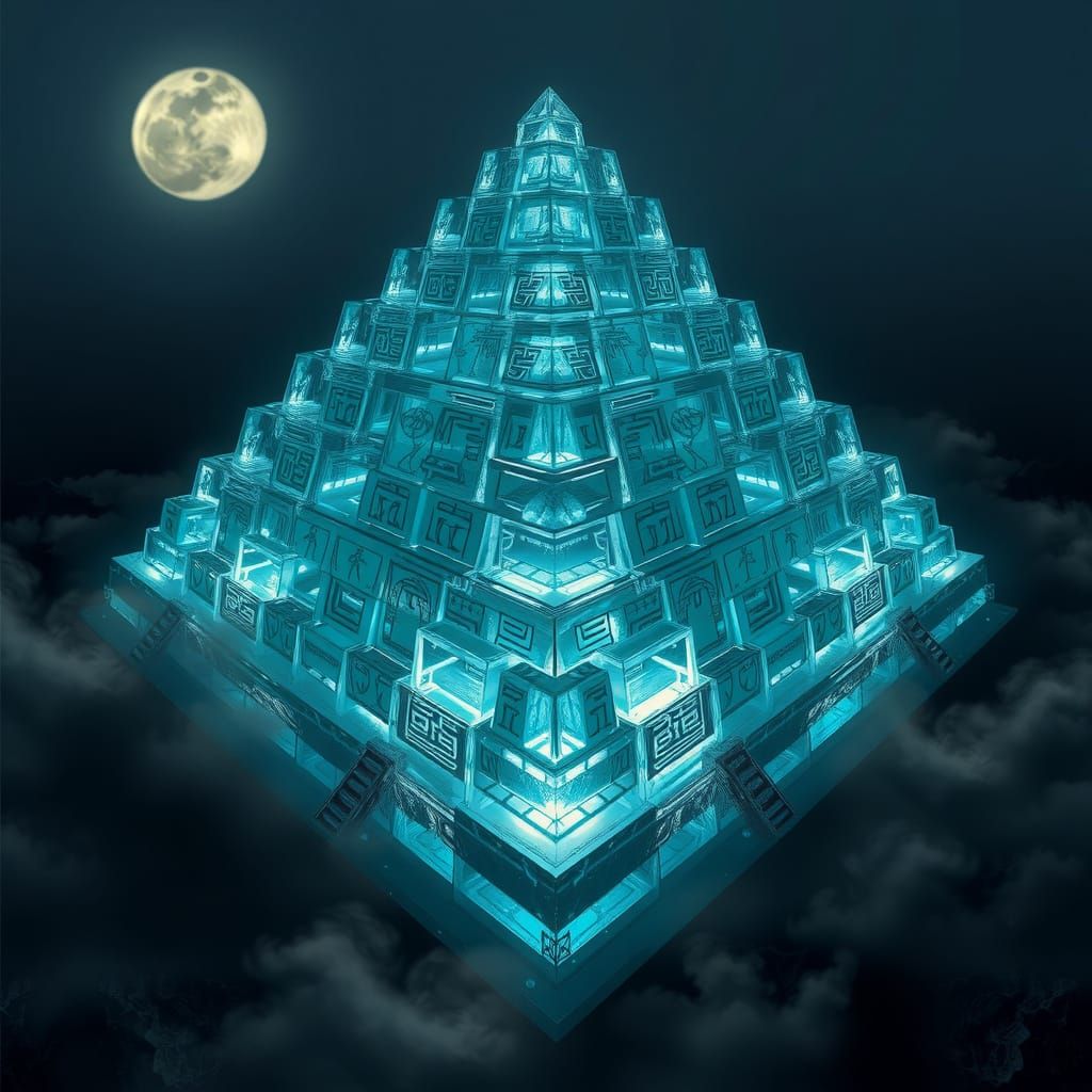 Surreal Pyramid of Shimmering Water Blocks in Ancient Hierog...