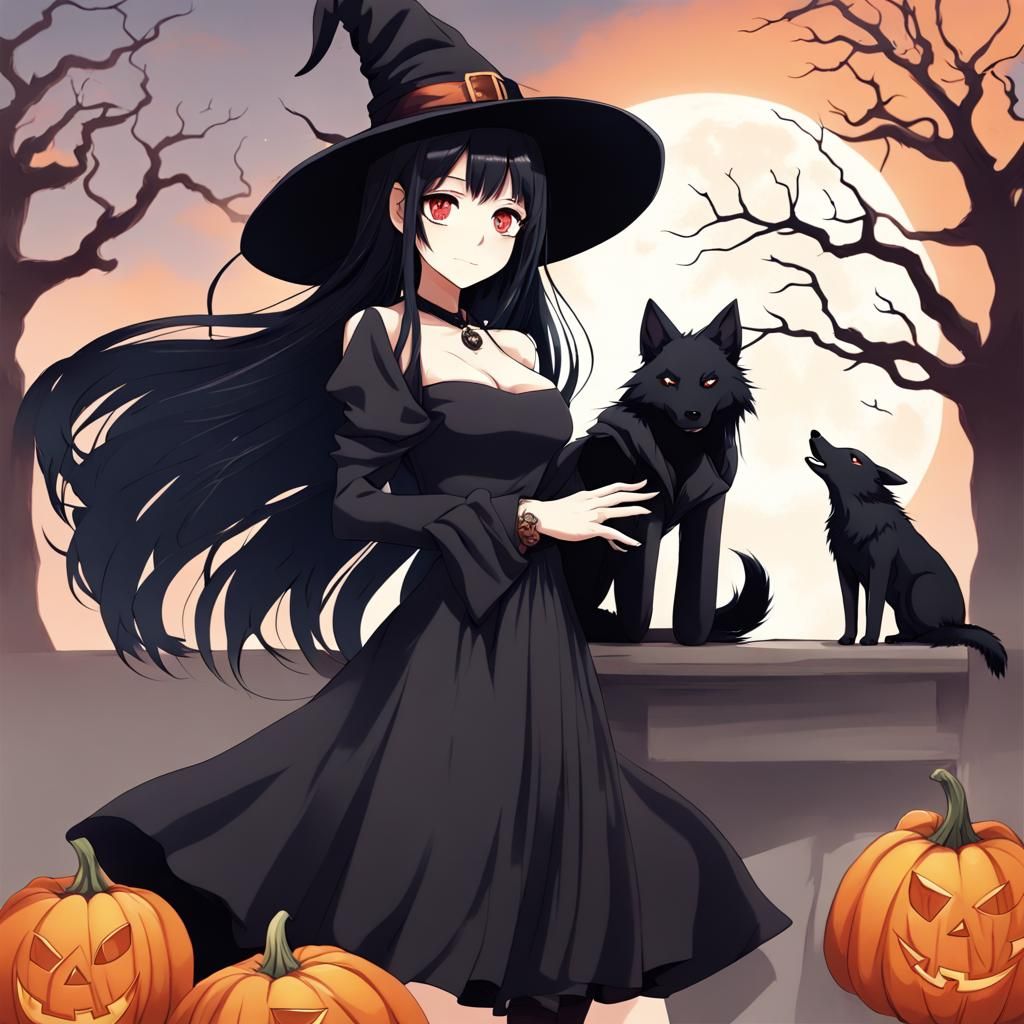 Halloween Witch Girl with Wolf in Anime Style