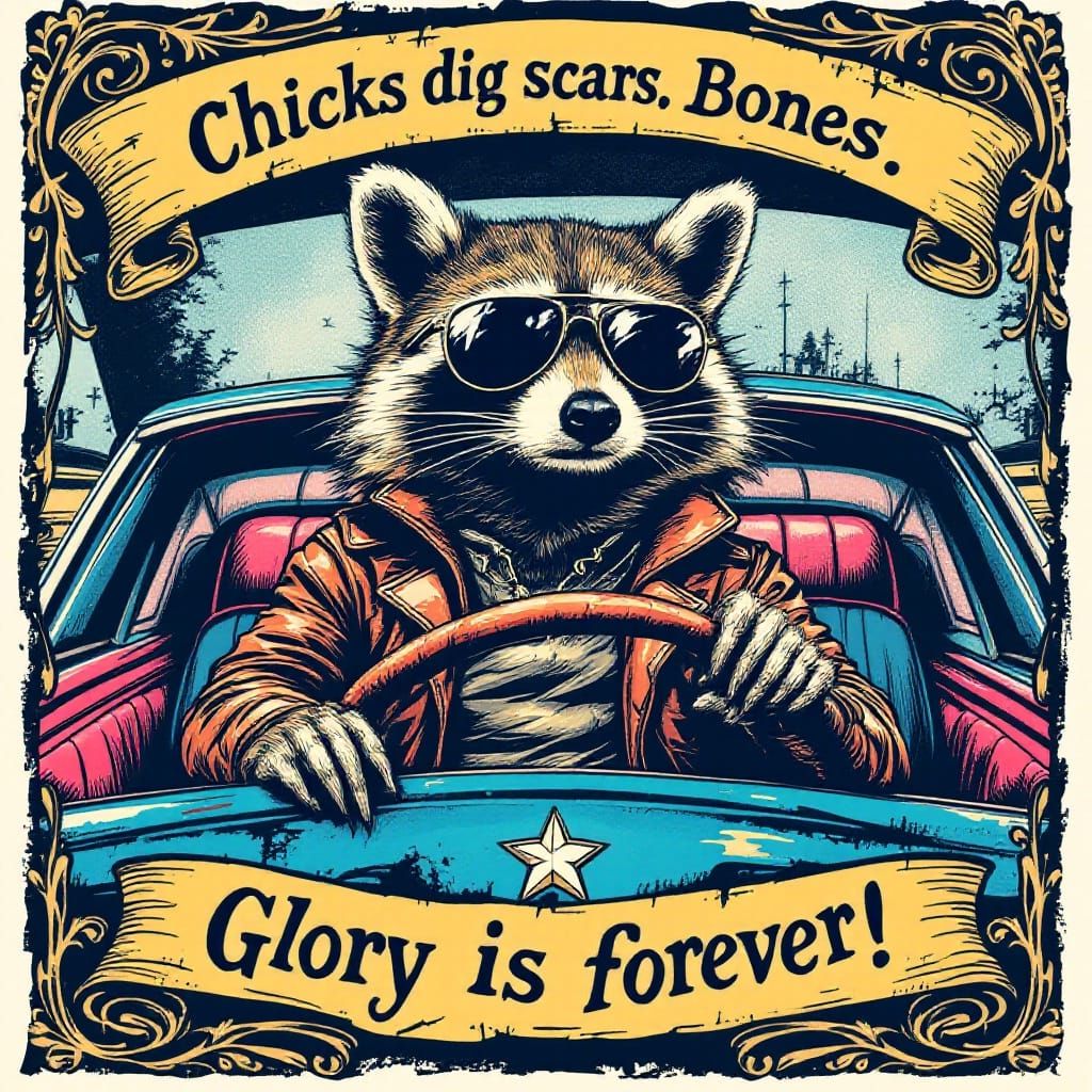 Retro Raccoon Rockstar Cruises the Open Road