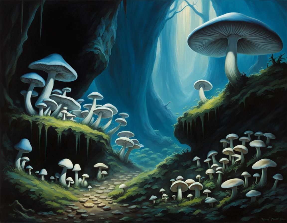 Glowing Mushrooms in Dark Fantasy Oil Painting