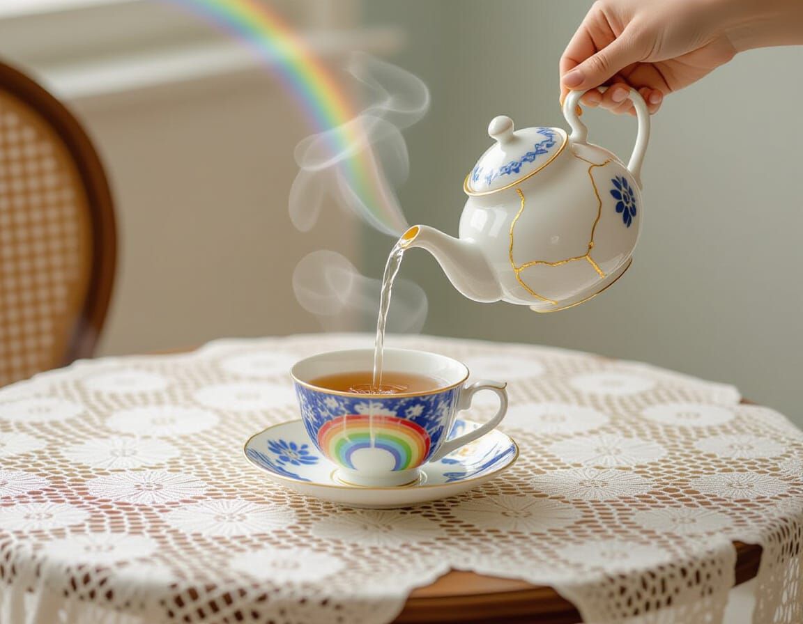 Kintsugi Teapot Pours Rainbows in Magical Realism Style