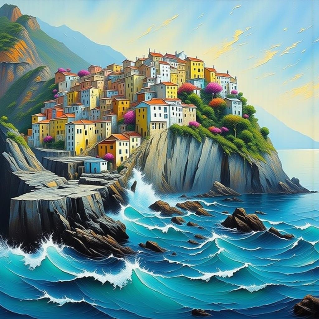 Mediterranean Cliffside Village with Bougainvillea