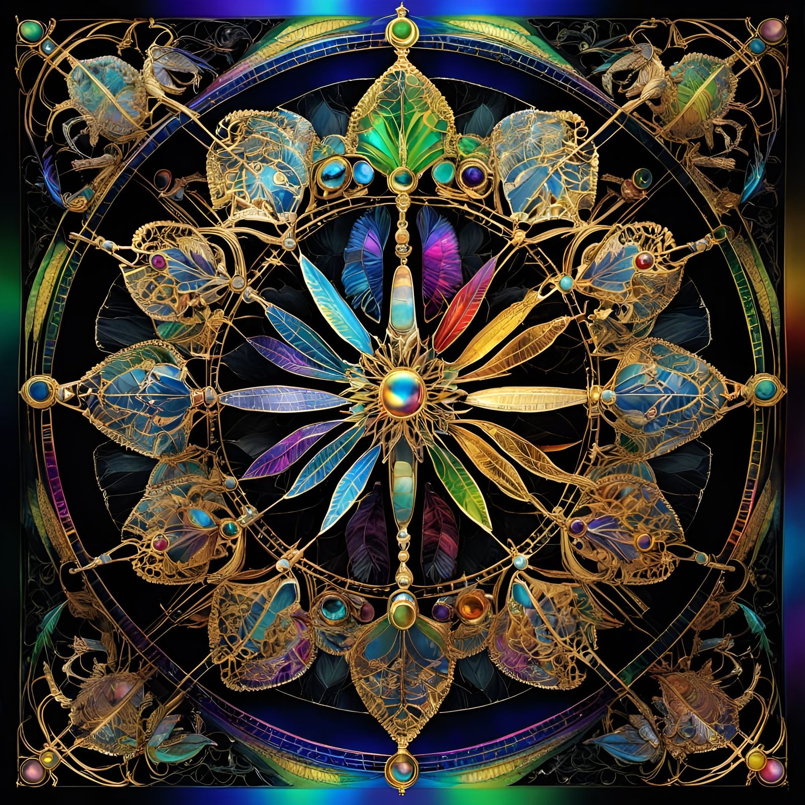 Dark Rainbow Dragonfly Mandala in Sacred Geometry Style