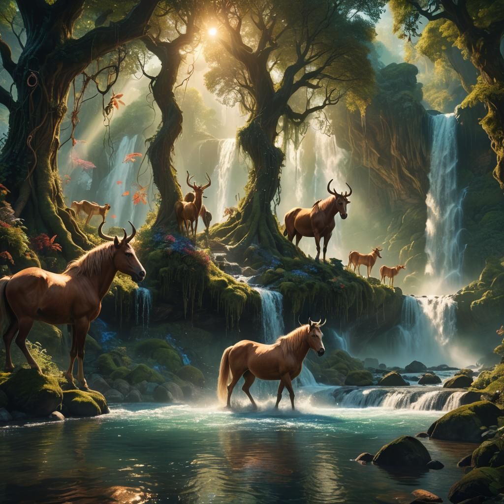 Centaurs Sipping From River in Enchanted Forest