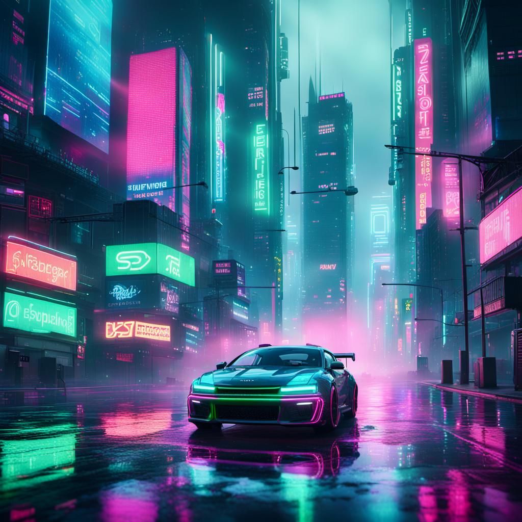 Neon Cyberpunk Cityscape at Night: Digital Art