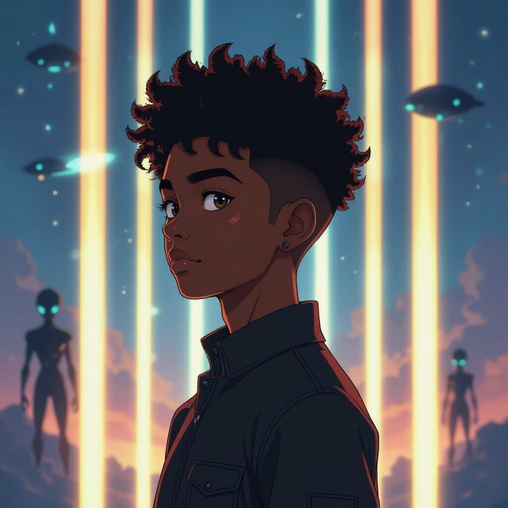 African-American Teenager with Aliens in Anime Style