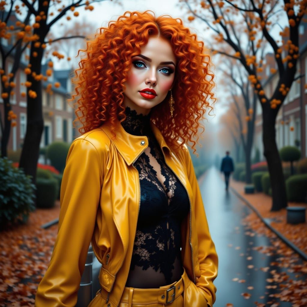 Woman in Lace and Latex Oil Painting in Foggy Street