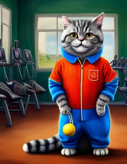 Cat Fitness Coach in Whimsical Matte Painting Style