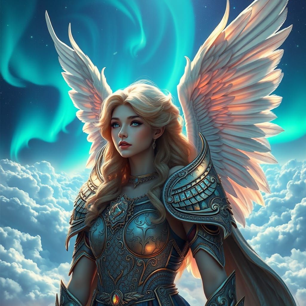 Serene Angel Girl in Vibrant Auroral Landscape