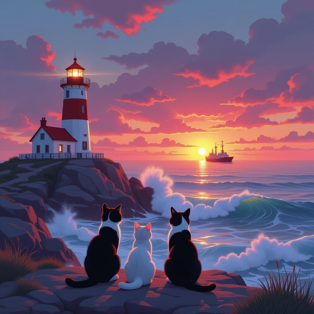 Sunset Seascape with Lighthouse and Cats in Hyperrealism