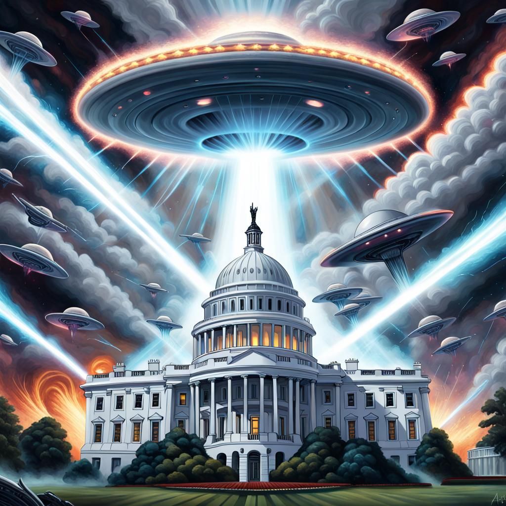 White House Under Attack by Giant Alien, Oil Painting