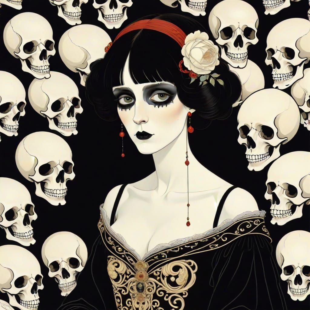Gothic Macabre Cartoon with Skulls, Art Nouveau Style
