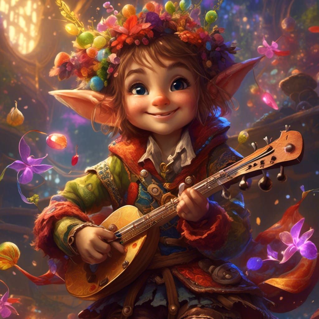 Halfling Bard's Enchanting Performance in Art Nouveau Style