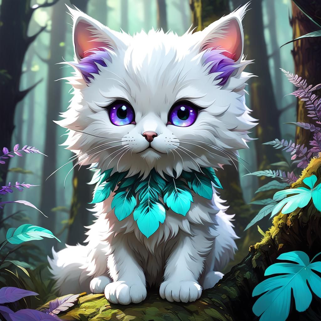 Chibi Kitty with Rainbow Fur in Pastel Forest
