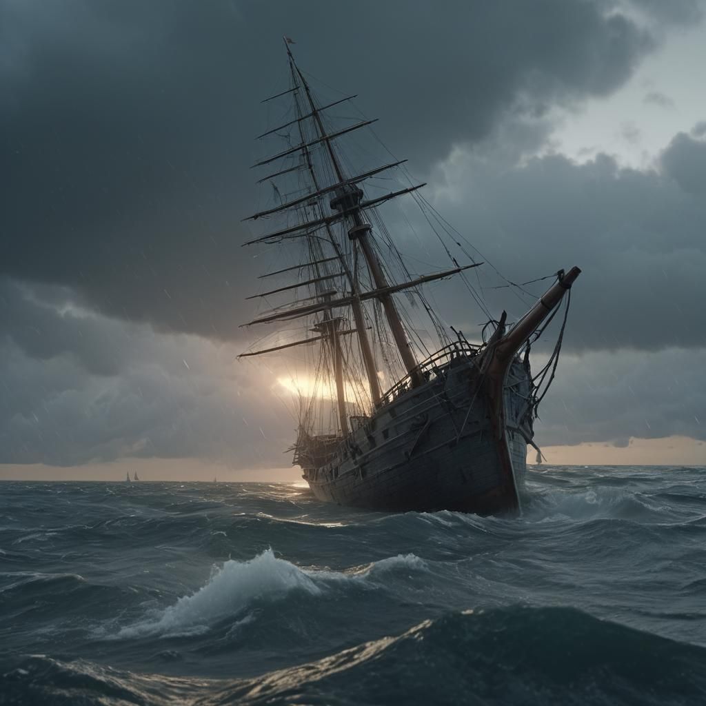Battered Sailing Ship Sinking at Sunrise