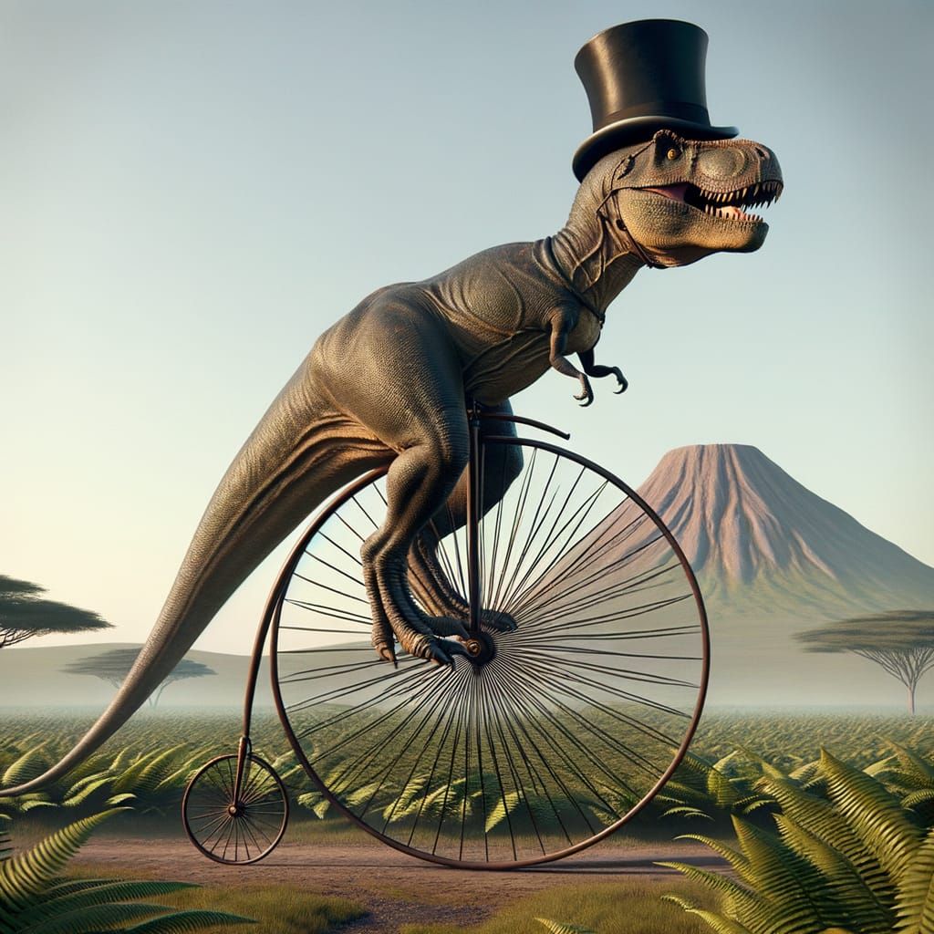 Wrong Era: "A dinosaur in a top hat riding a penny-farthing bicycle"