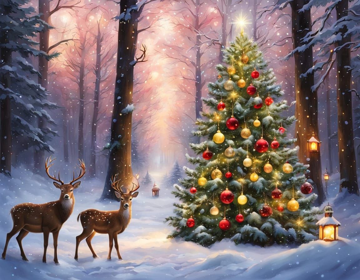 Magical Christmas Scene in Snowy Forest