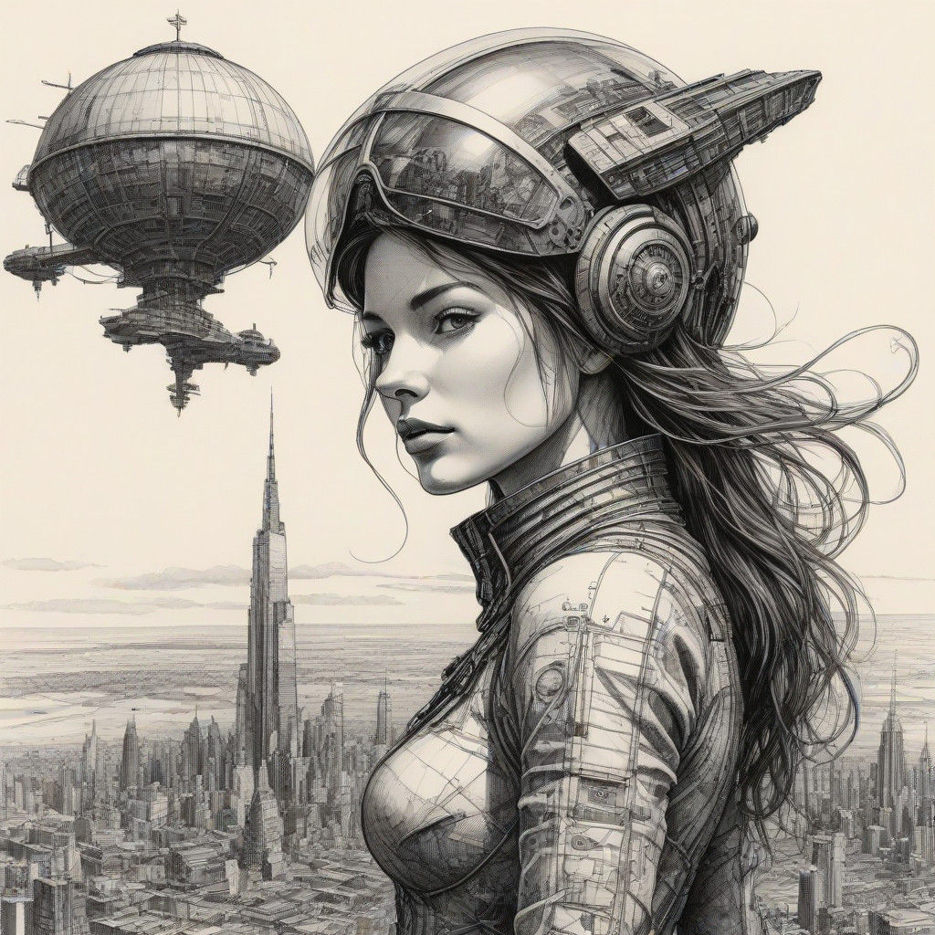 Surreal Pilotess Stands on Sky City in Aerial Pen and Ink Dr...