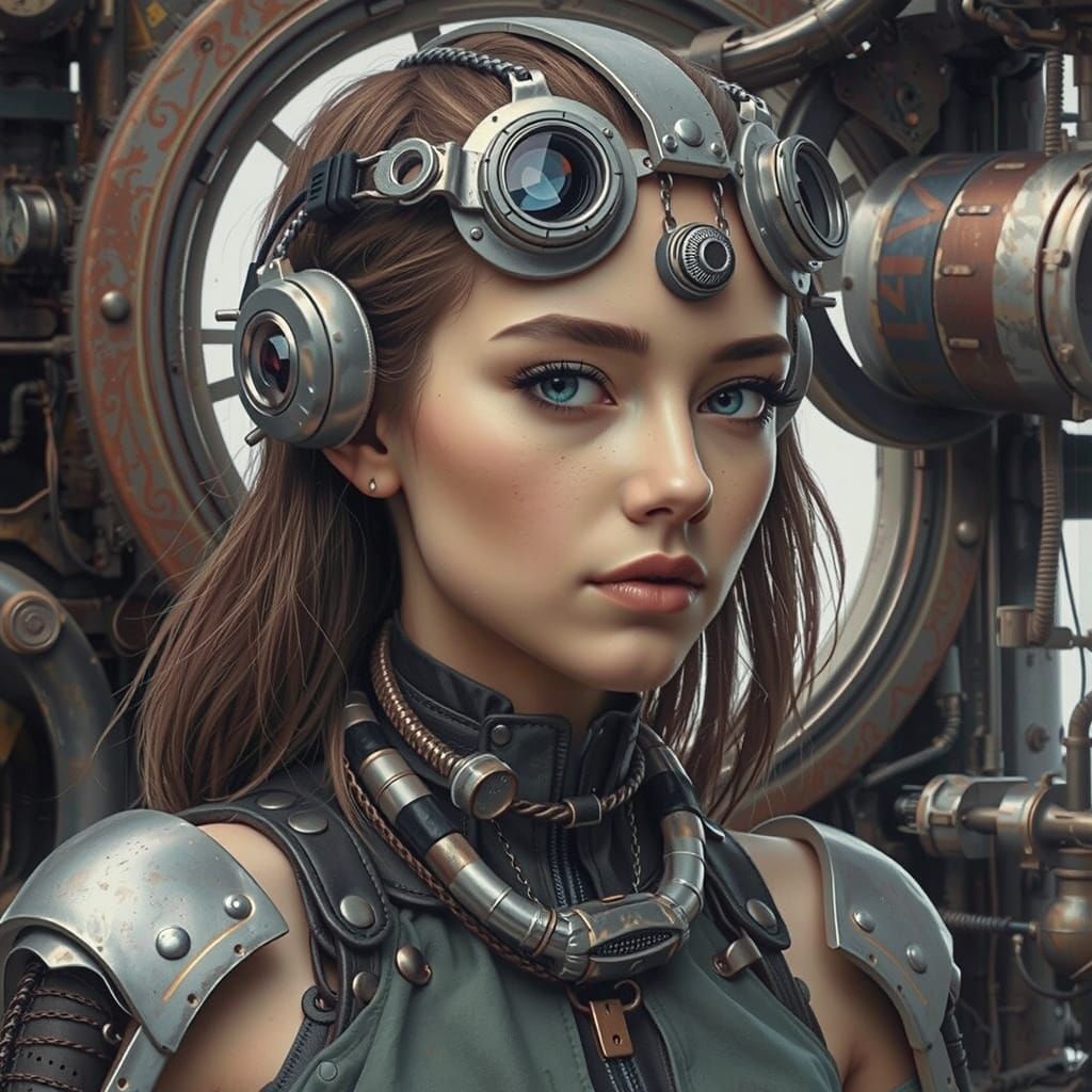 Dieselpunk Woman with Mechanical Eye and Exoskeleton