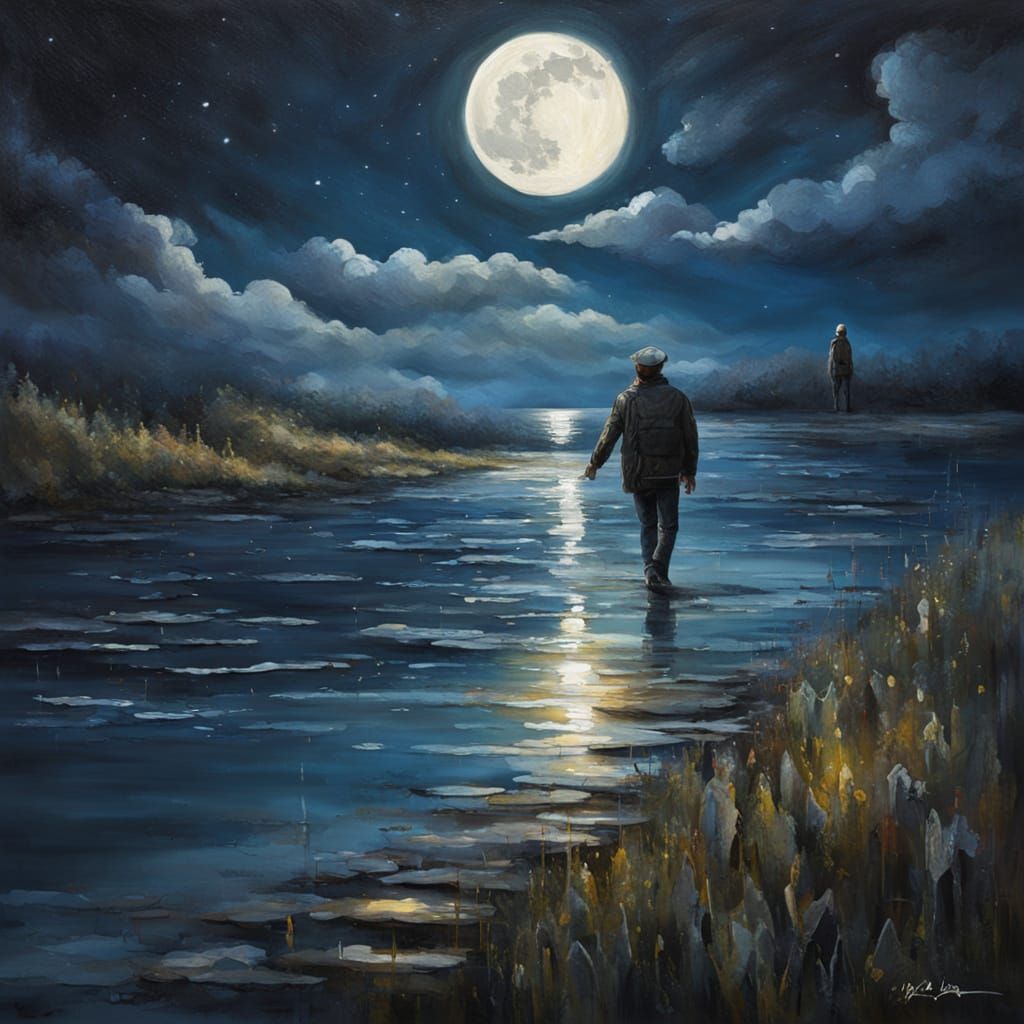 Romantic Moonlit Scene in Expressive Brushstrokes