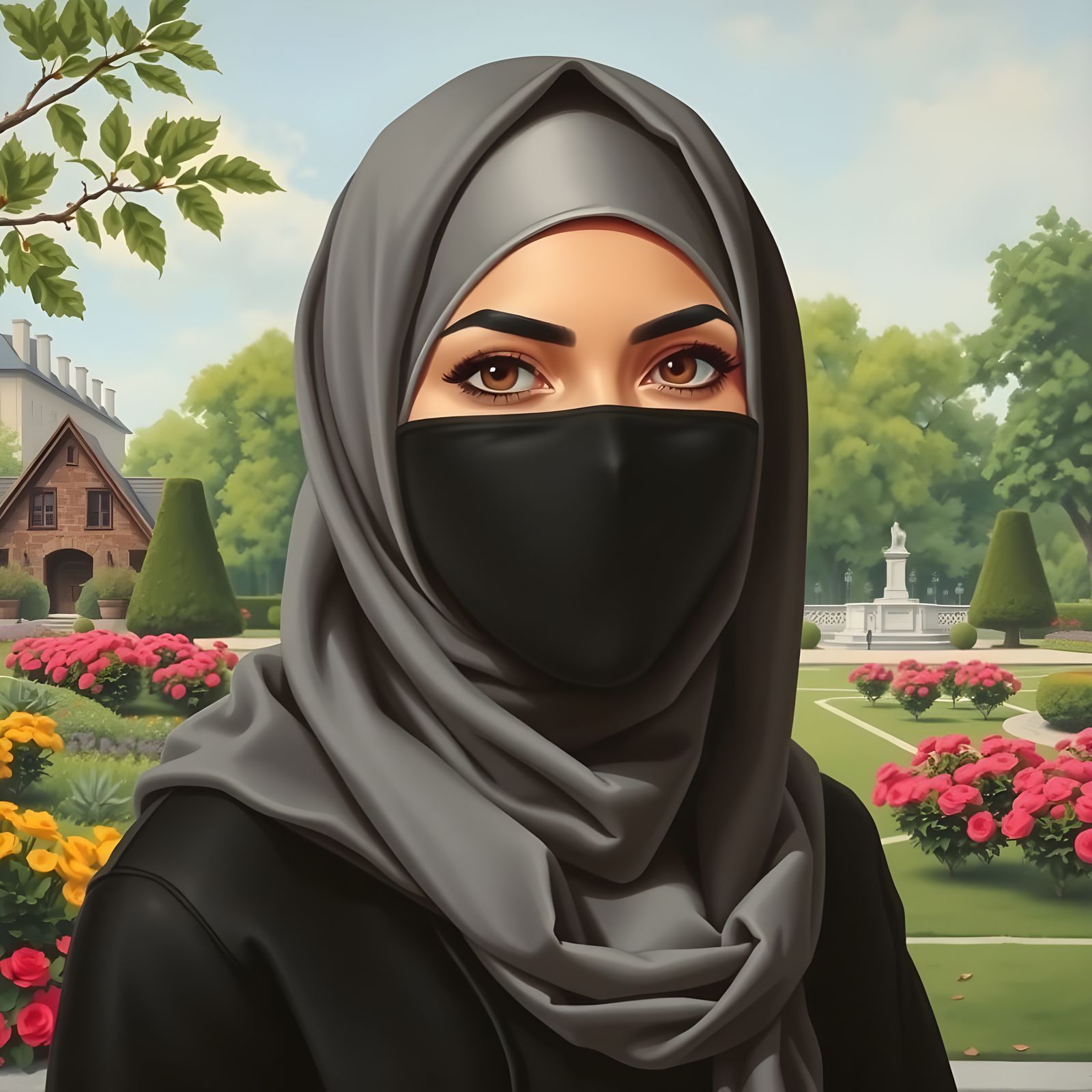 Elegant Hijabi Woman in City Garden Oil Painting