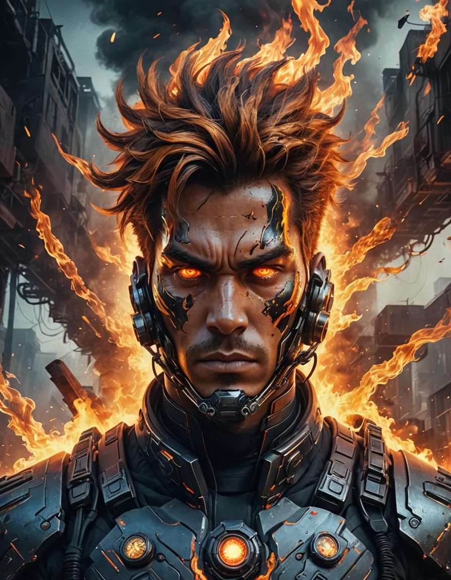Cyborg Soldier with Phoenix Motif in 80s Style