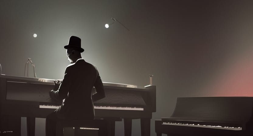 Jazz Musician at Piano in Dimly Lit Club